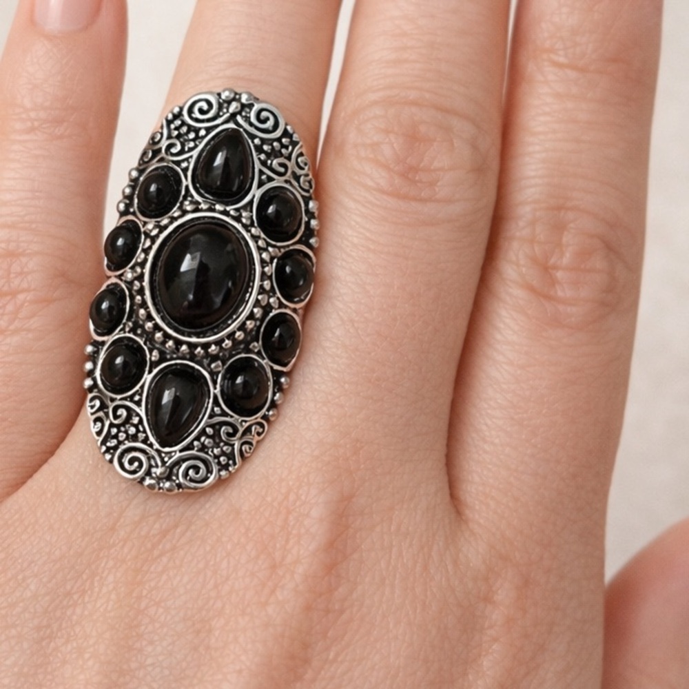 Statement Black Onyx Filigree Ring | Silver Tone Women’s Size 8
